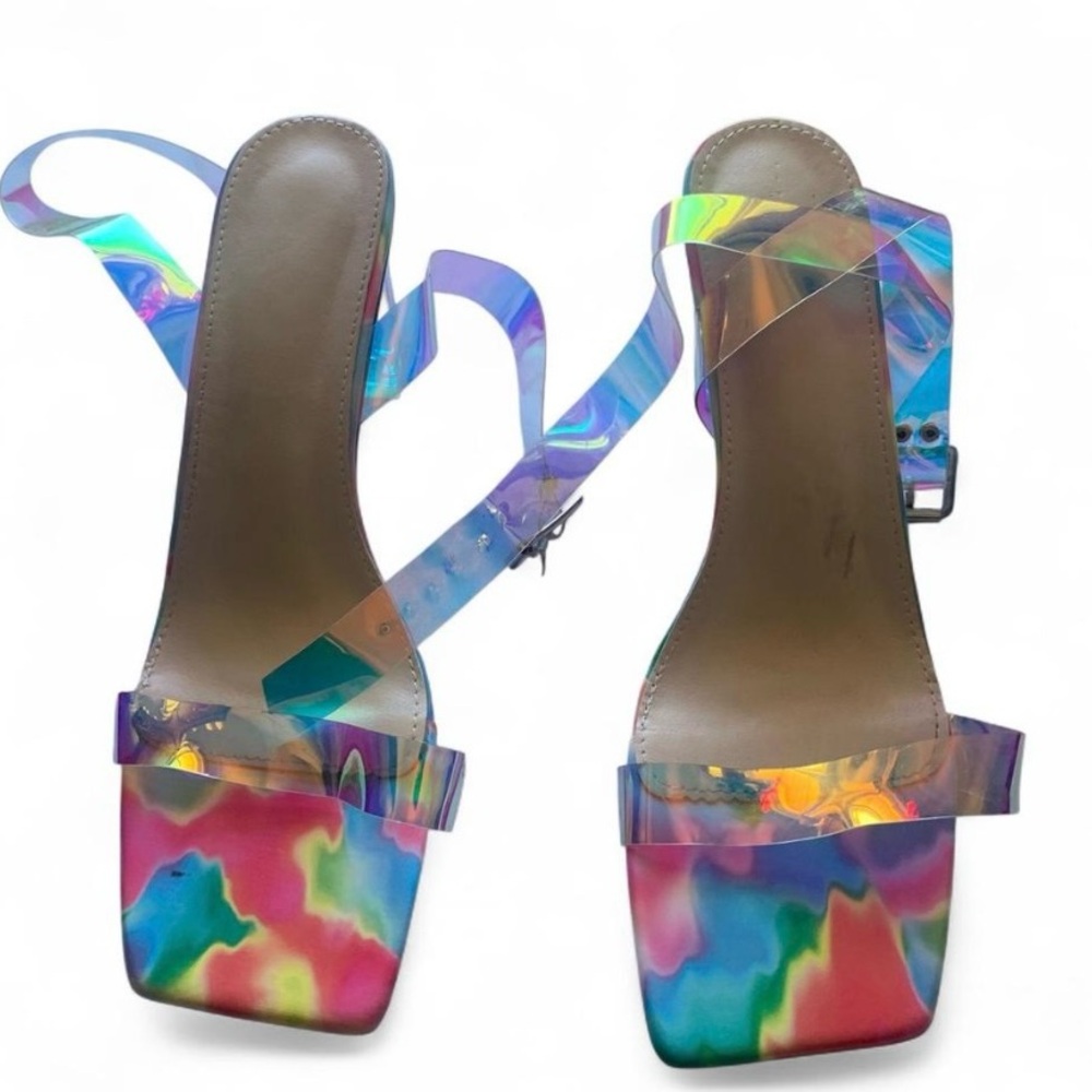 💕 vintage No brand square toe sandals holographic strappy size 11 block heel
